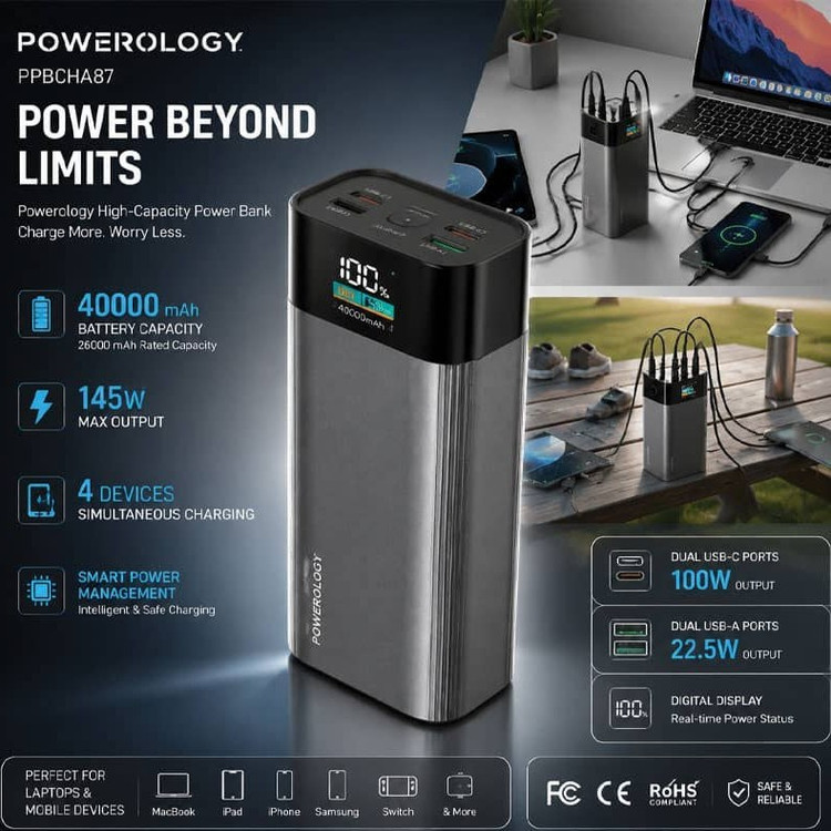 پاوربانک پاورولوژی مدل VoltEdge_PPBCHA87 ظرفیت 40000 میلی آمپر ساعت